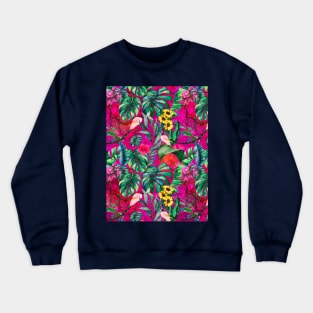 Cute tropical floral leaves botanical illustration, tropical plants,leaves and flowers, hot pink fuchsia leaves pattern Crewneck Sweatshirt